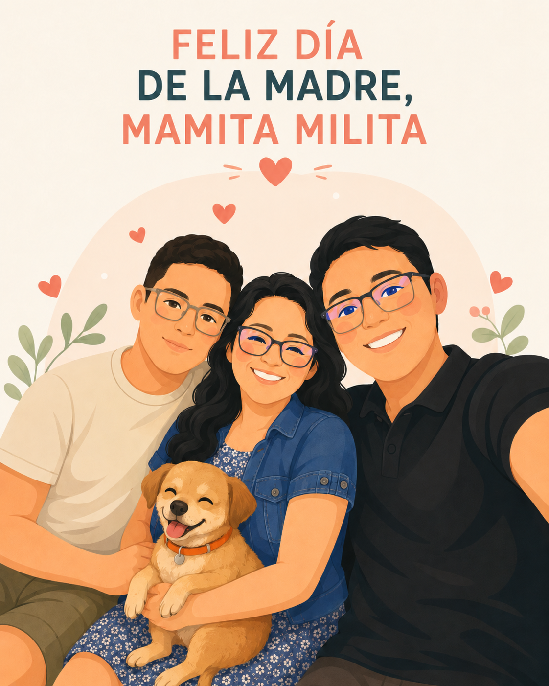 Ilustración de mamá Milita con Kevin, Álvaro y Kira